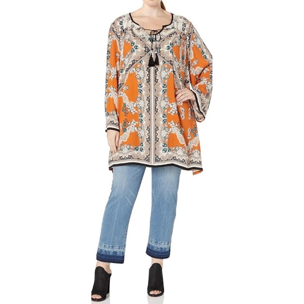 Angie Women 3X Boho Tassel Tie Front Tunic Top dress Orange Paisley Rayon Sleeve